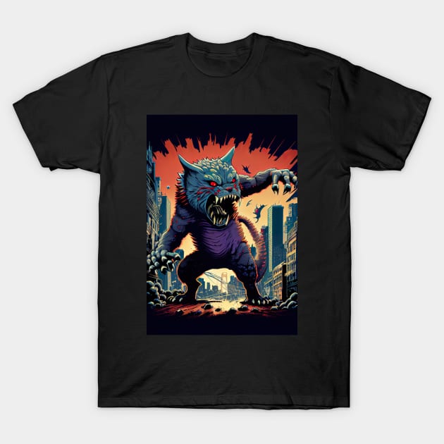 Giant Angry blue Cat attacking a city T-Shirt by KoolArtDistrict